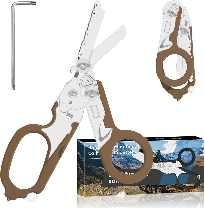 Lemasa6 in 1 Multifunctional Combination Tool, Folding Retractable Emergency Shears, Outdoor Camping Tools, Seat Belt Cutter, Oxygen Cylinder Wrench, Complimentary Adjustable Wrench (Bean Sand Colour) - Image 1